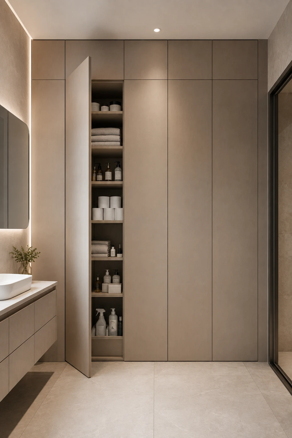 Modern hidden bathroom storage wall featuring seamless floor to ceiling cabinetry with flush handle free doors, including one open cabinet revealing organized shelves for folded towels, toilet paper, toiletries, skincare products, and cleaning supplies.