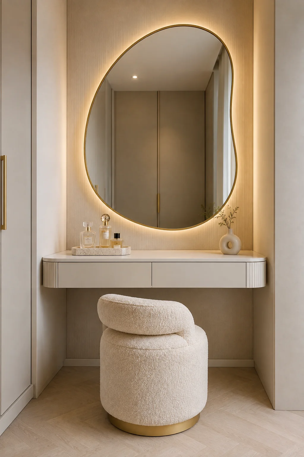 Contemporary vanity aesthetic featuring a large organically shaped sculptural mirror with an irregular curved silhouette and thin champagne gold edging, soft warm LED illumination surrounding the mirror, a rounded floating cream vanity with curved drawer edges, a light beige textured wall backdrop, a plush cream bouclé vanity chair with a rounded back and gold pedestal base, elegant perfume bottles displayed on a small neutral tray, a sculptural white ceramic vase with delicate branches, warm wood flooring, and a soft luxurious neutral palette.