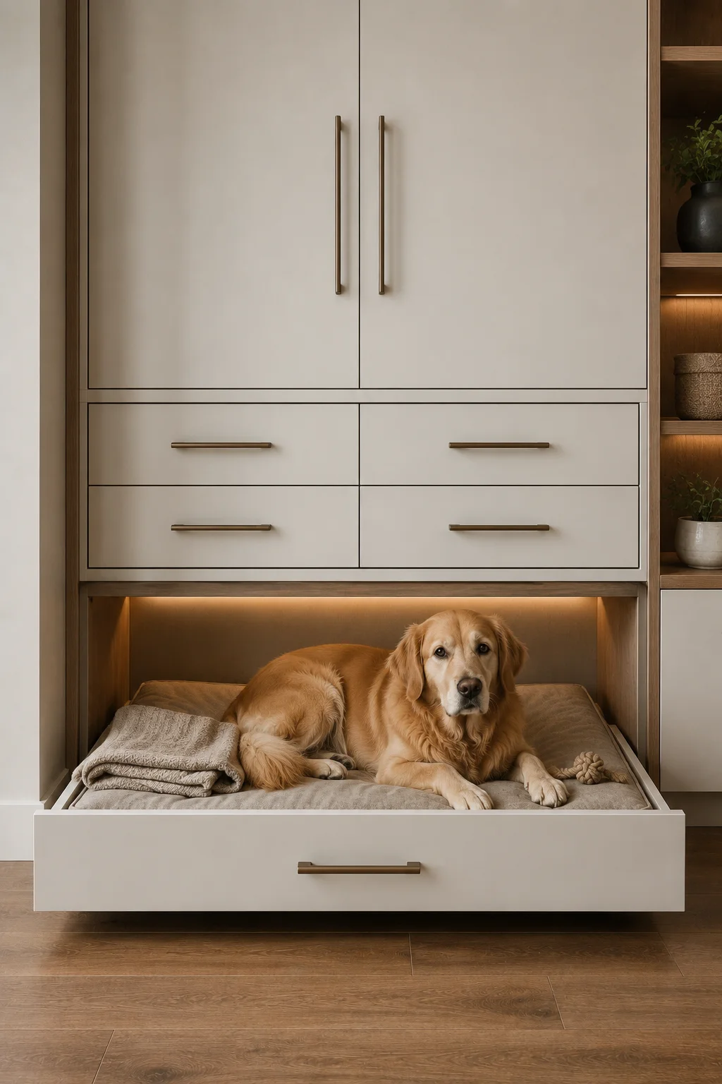 Modern pull out dog bed built into the lower section of custom cream cabinetry, featuring a large drawer style sleeping platform with a thick washable neutral cushion, a golden retriever resting comfortably inside, folded blankets beside the dog, hidden pet storage drawers above, warm wood interior detailing, and clean contemporary cabinetry designed for a compact home.
