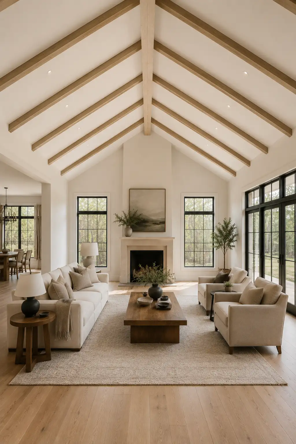 Spacious modern farmhouse living room with repeating light oak ceiling beams following both sides of a high white vaulted ceiling, featuring a central ridge beam, cream furniture, black framed windows, a modern fireplace, neutral textiles, and warm wood floors.