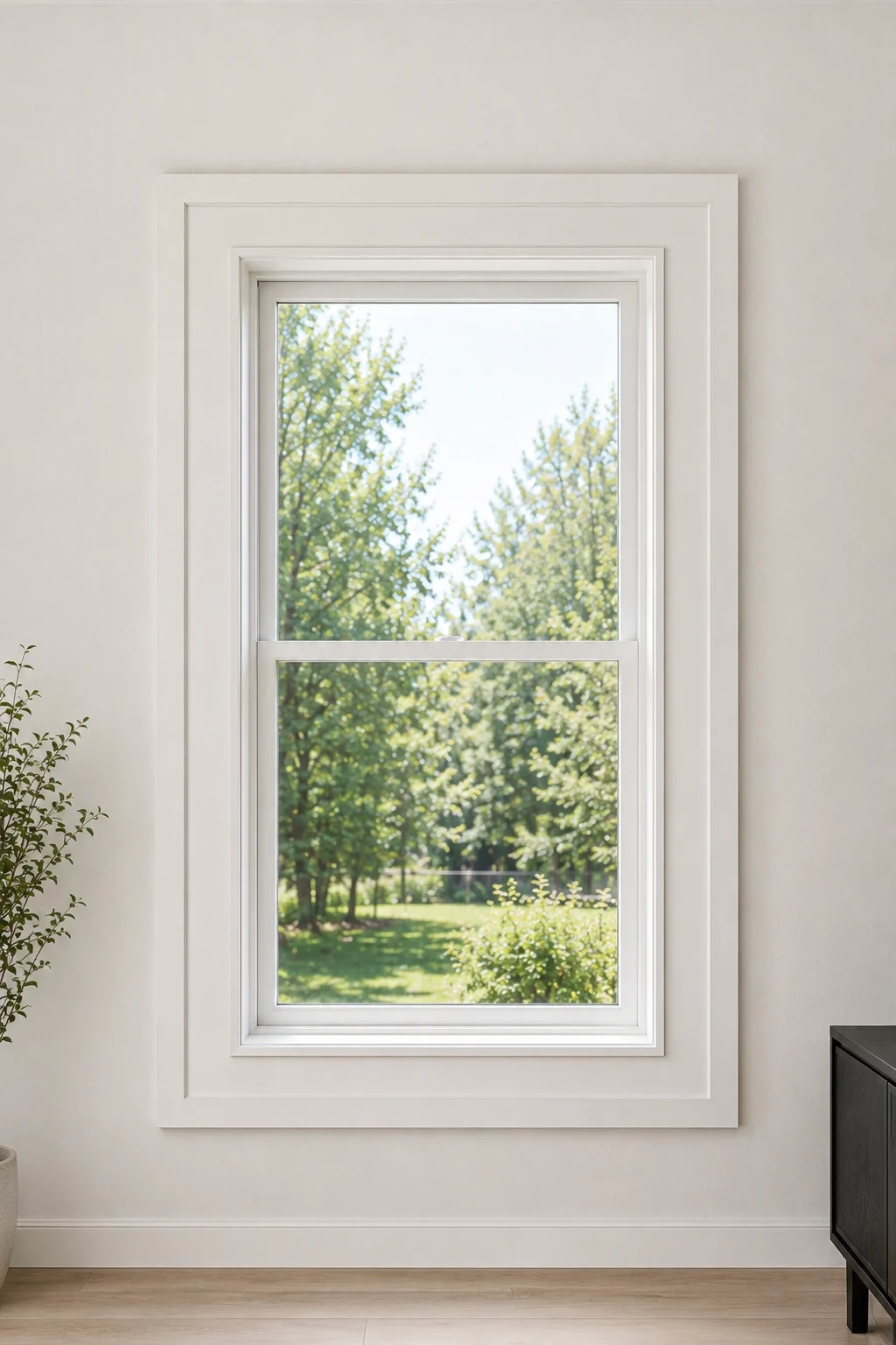 Layered white window trim featuring a broad outer frame and detailed inner casing around a tall window on a warm white wall. Multiple clean trim levels create subtle depth and shadow while keeping the overall window treatment bright, elegant, and suitable for a polished contemporary interior.