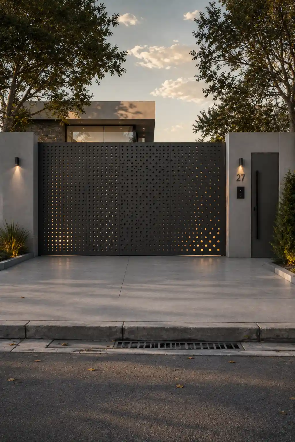 Contemporary entrance gate design featuring dark perforated metal panels with decorative circular openings, warm light glowing through the patterned surface, a separate flush pedestrian door, minimalist wall sconces, neutral boundary walls, clean concrete paving, and subtle landscaping for an eye catching modern home entrance.