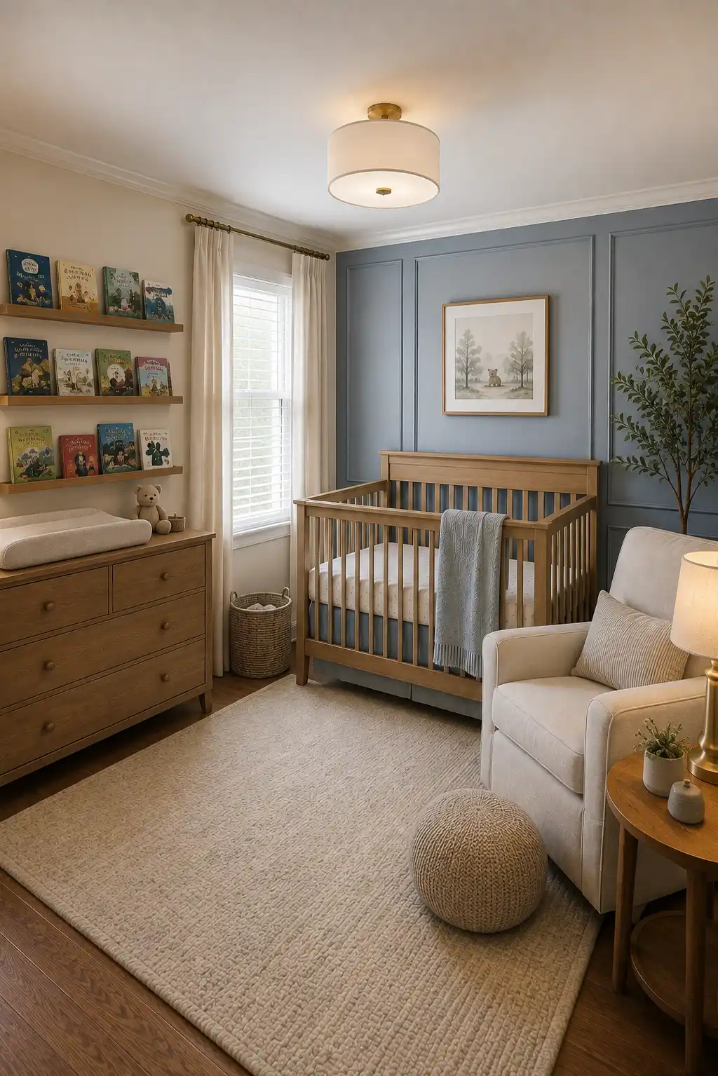 Cozy baby boy nursery with a soft blue paneled accent wall, natural wood crib, matching wood changing dresser, wall mounted wooden book ledges filled with colorful storybooks, cream nursing chair, ivory curtains, woven storage basket, textured neutral rug, and warm lighting creating a practical nursery reading corner.