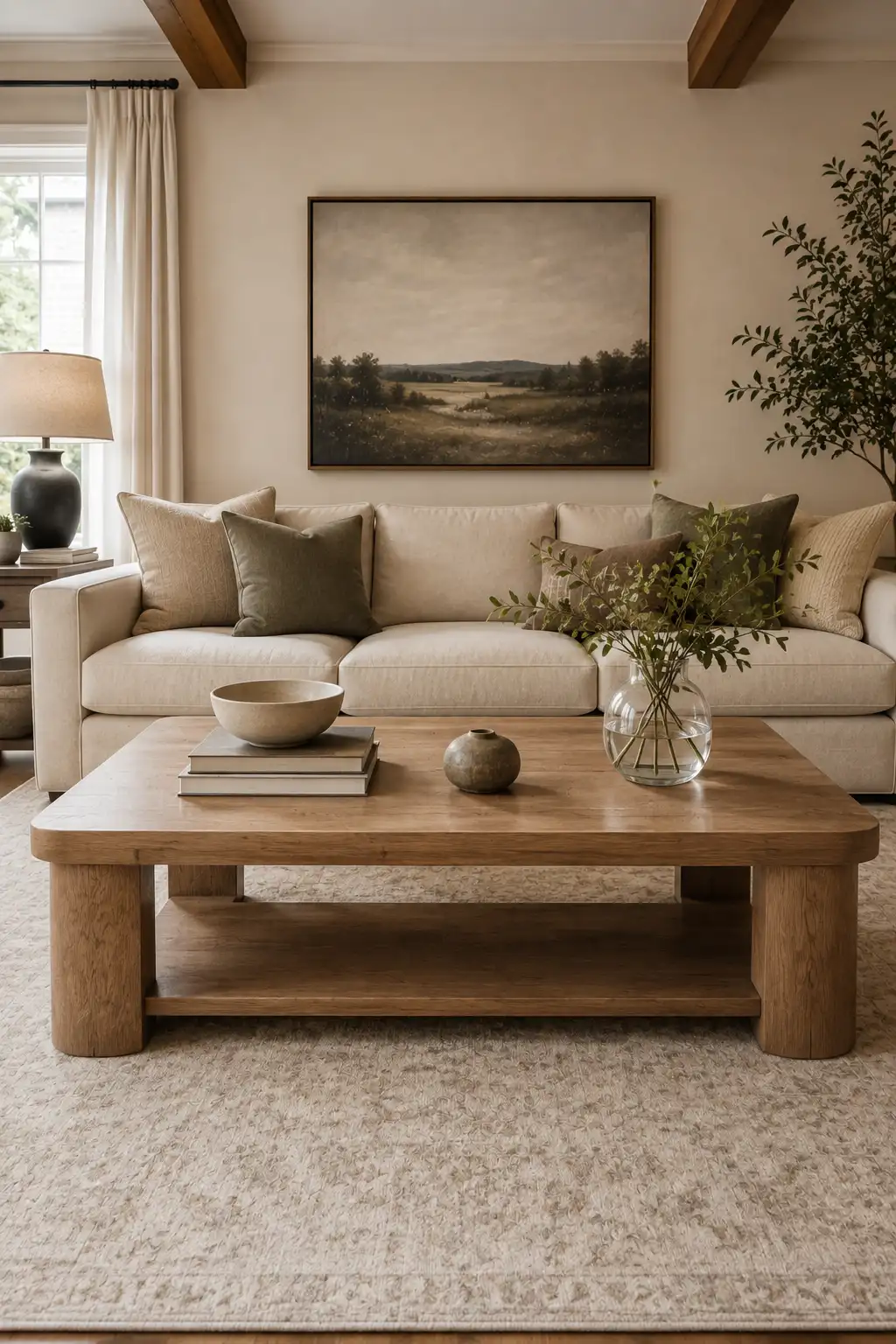 Warm farmhouse living room featuring a substantial natural oak coffee table styled with stacked books, ceramic bowls, and fresh leafy branches, paired with a cream sofa, muted olive and taupe pillows, exposed wood ceiling beams, soft neutral rug, landscape artwork, and elegant warm lighting.