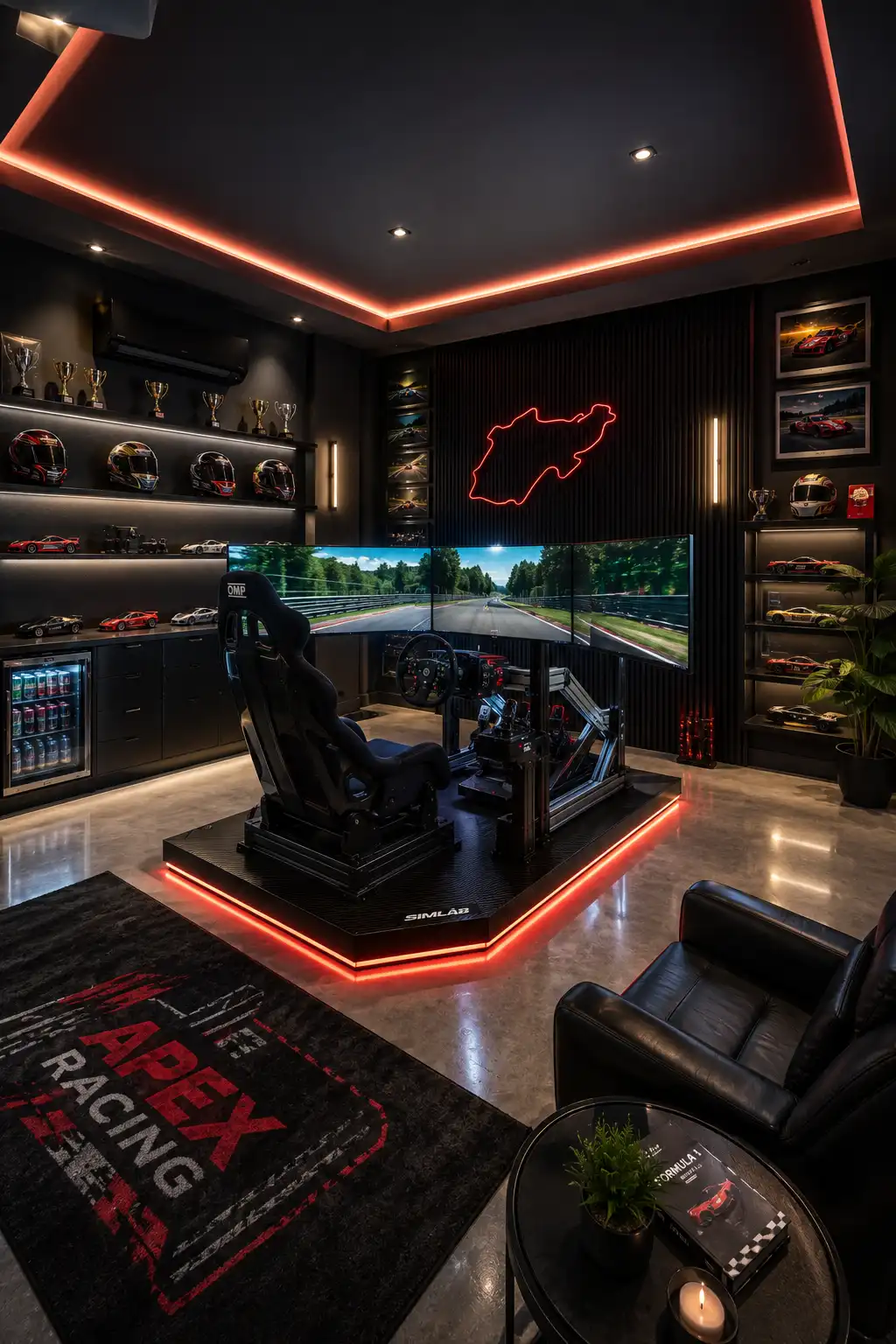 Modern racing gaming room featuring a professional racing simulator cockpit, triple monitor setup, racing seat, steering wheel and pedals, red LED platform lighting, black feature walls, illuminated helmet and trophy displays, model race cars, lounge seating, and polished flooring.
