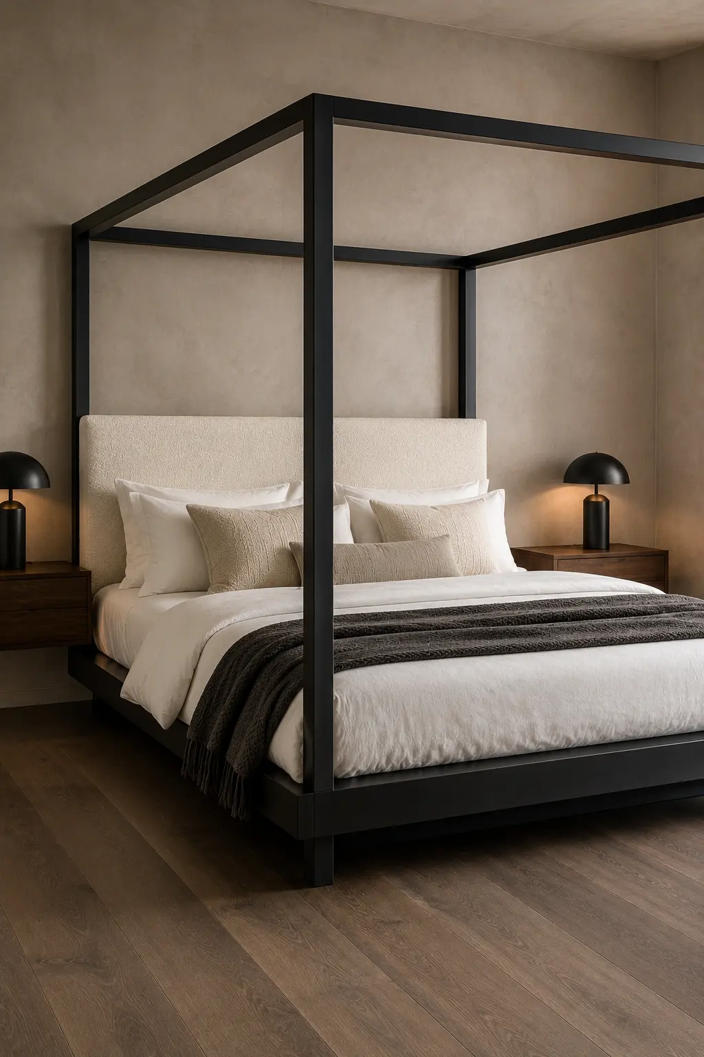 Modern black canopy bed featuring a slim matte black four post frame, tall geometric canopy structure, soft ivory upholstered headboard, crisp white layered bedding, charcoal throw blanket, walnut bedside tables, and matching black lamps against a warm neutral bedroom wall.