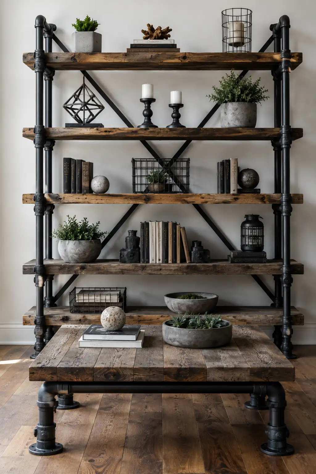 Industrial style shelving unit and coffee table made from thick reclaimed wood and exposed black plumbing pipes, styled with wire baskets, dark accessories, books, candles, and plants, showing how heavy industrial furniture can make modern home decor feel dated and overly themed.