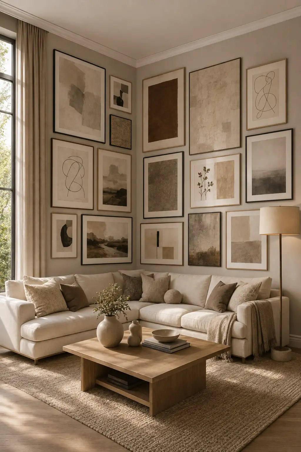 Warm neutral living room with an elegant corner gallery wall featuring beige, cream, taupe, brown, and muted abstract artwork in mixed black and light wood frames above a cozy sectional sofa and natural wood coffee table.