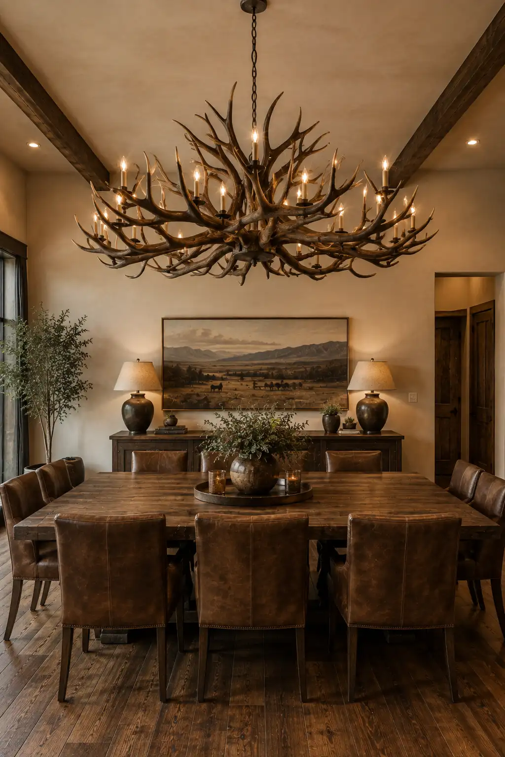 Elegant Western dining room featuring a dramatic oversized antler-inspired chandelier with warm candle-style lights, substantial reclaimed wood dining table, rich cognac leather dining chairs, exposed dark timber ceiling beams, large Western mountain landscape artwork, dark wood flooring, warm cream walls, and luxurious modern ranch decor.