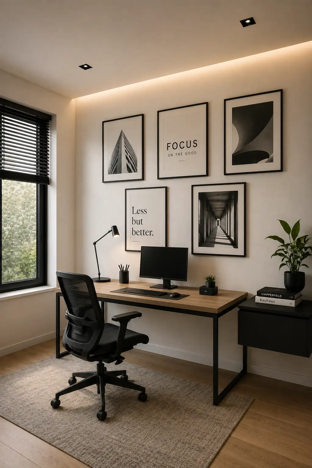 Modern small office featuring a curated gallery wall with five contemporary black framed artworks above a compact walnut desk, including minimalist architecture photography, abstract geometric artwork, motivational typography, and monochrome photography, warm indirect ceiling lighting, ergonomic black office chair, minimalist monitor, black storage cabinet, indoor plant, neutral rug, and stylish modern workspace decor.