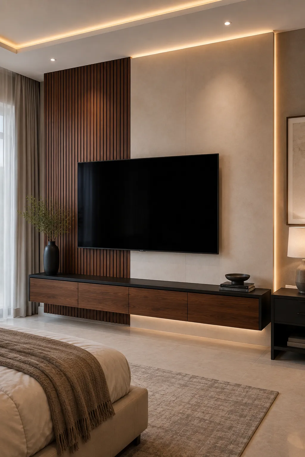 Contemporary couples bedroom with an asymmetrical TV wall combining vertical warm walnut slats on one side and a smooth beige plaster panel on the other, large black flat screen television, long floating walnut console extending across both materials, warm architectural LED lighting, neutral bedding, elegant curtains, and sophisticated modern decor.