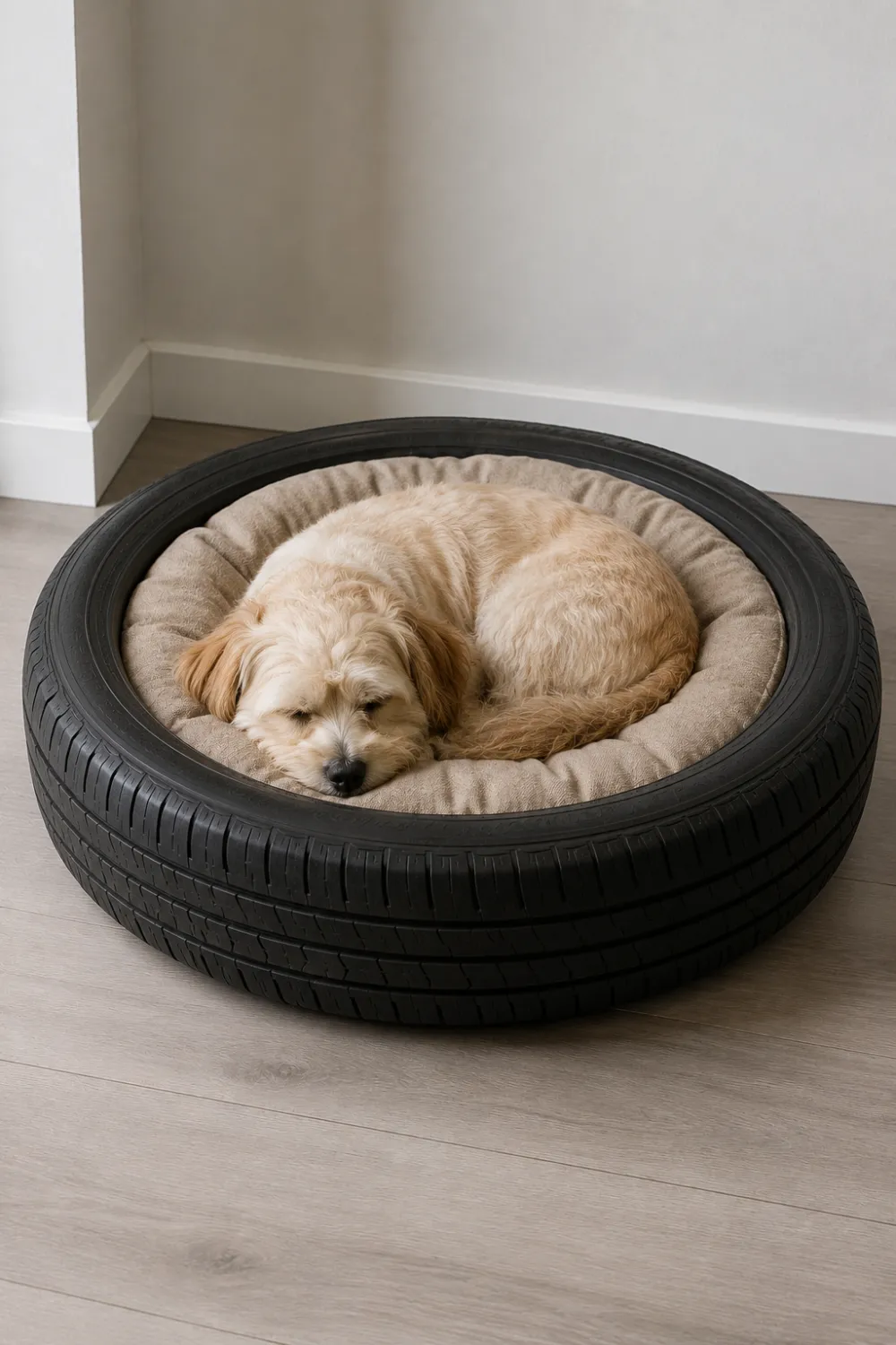 Recycled black old tire transformed into a cozy pet bed with a thick beige cushioned interior, featuring a small sleeping dog resting comfortably in a bright modern indoor space