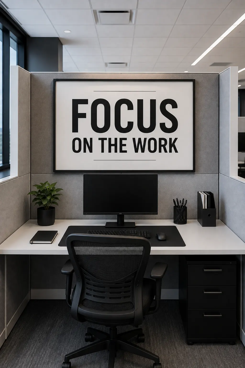 Clean minimalist office cubicle featuring one oversized framed motivational typography print reading “FOCUS ON THE WORK” as the main visual centerpiece. The complete workspace includes a centered black computer monitor, white desk, ergonomic black office chair, compact document organizers, small indoor plant, notebook, pen holder, and simple neutral decor. The entire cubicle is captured from a balanced front-facing perspective with a sophisticated gray, black, and white color palette that creates a calm, focused, modern, and professional work environment.