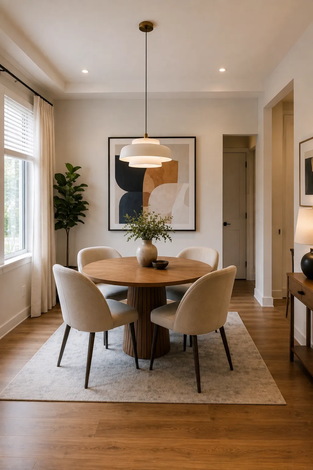 Compact modern dining room featuring a round natural wood pedestal dining table, four curved cream upholstered dining chairs, a sculptural layered white pendant light, large contemporary abstract artwork in black and beige, neutral textured area rug, tall window with soft natural light, warm wood flooring, cream walls, indoor greenery, and refined modern accessories.