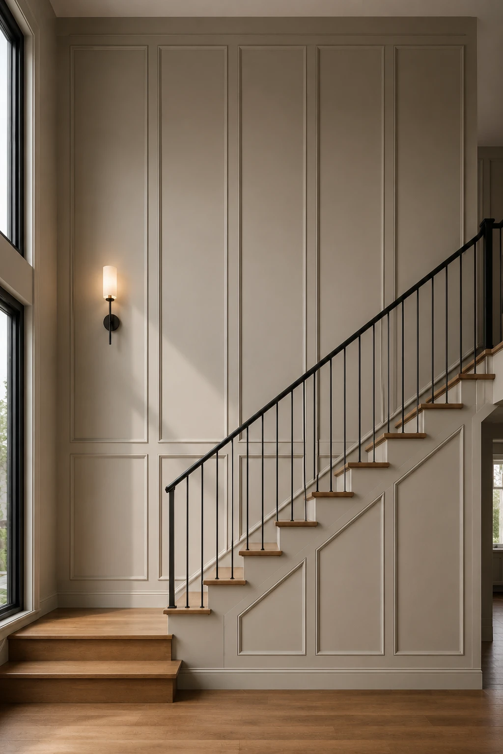 Floor to ceiling staircase paneling featuring tall Shaker style wall panels in a soft warm neutral finish, natural oak stair treads, white risers, slim black metal railing, and subtle wall lighting that emphasizes the height and architectural detail of the stairwell.