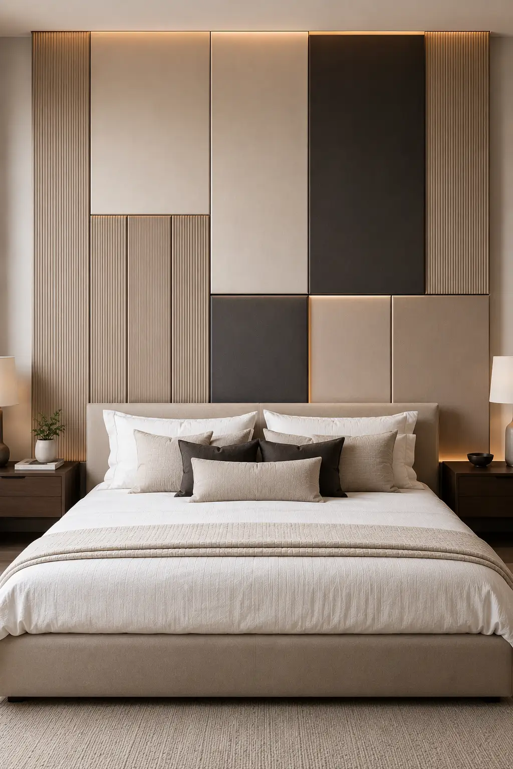Modern custom-style DIY mixed-panel headboard covering a wide bedroom wall, featuring a sophisticated geometric arrangement of large smooth upholstered panels in warm beige, taupe, and charcoal combined with narrow vertical fluted panels. The contrasting textures and rectangular sections create a balanced architectural feature that extends from near the floor behind the bed toward the ceiling. A contemporary upholstered bed sits centered beneath the panel installation with crisp white bedding, layered cream and charcoal pillows, a textured neutral throw, dark wood nightstands, modern bedside lamps, subtle greenery, and warm ambient lighting. The complete headboard composition is shown from a straight-on front-facing perspective, clearly revealing every panel, texture, recessed seam, and color variation.