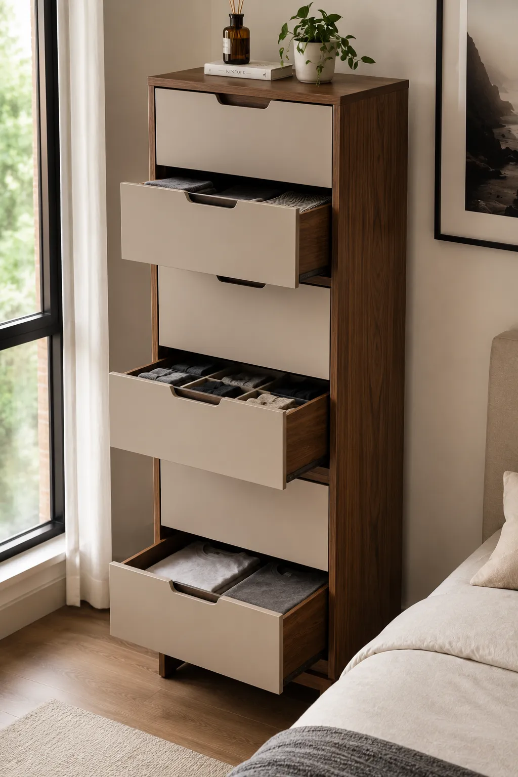 Modern small bedroom featuring a slim tall chest of drawers with multiple vertical drawers positioned beside the bed. Several drawers are open with neatly folded shirts, socks, sweaters, and everyday clothing, demonstrating how vertical bedroom storage can provide substantial organization while using minimal floor space.