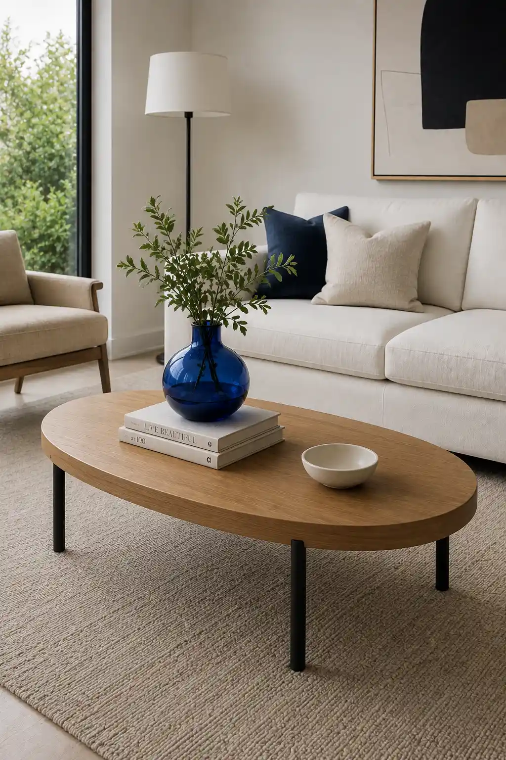 Oval light walnut coffee table styled with a striking cobalt blue glass vase filled with natural green branches, two neutral coffee table books, and a small cream ceramic bowl in a sophisticated modern living room with a white sofa, beige accent chair, textured rug, contemporary artwork, and soft natural daylight.