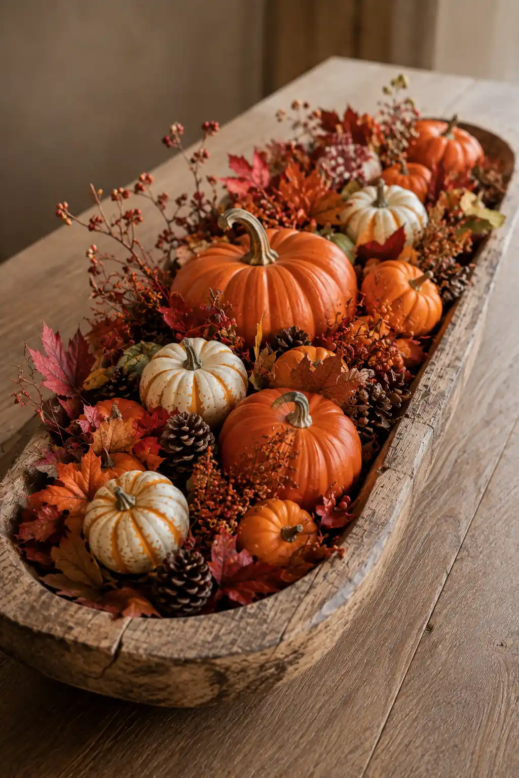 Long rustic wooden dough bowl filled with abundant large and miniature pumpkins in vibrant orange, warm rust, creamy white, and muted autumn tones, surrounded by red and golden dried leaves, pinecones, berries, small gourds, and delicate branches for a traditional layered fall harvest centerpiece.