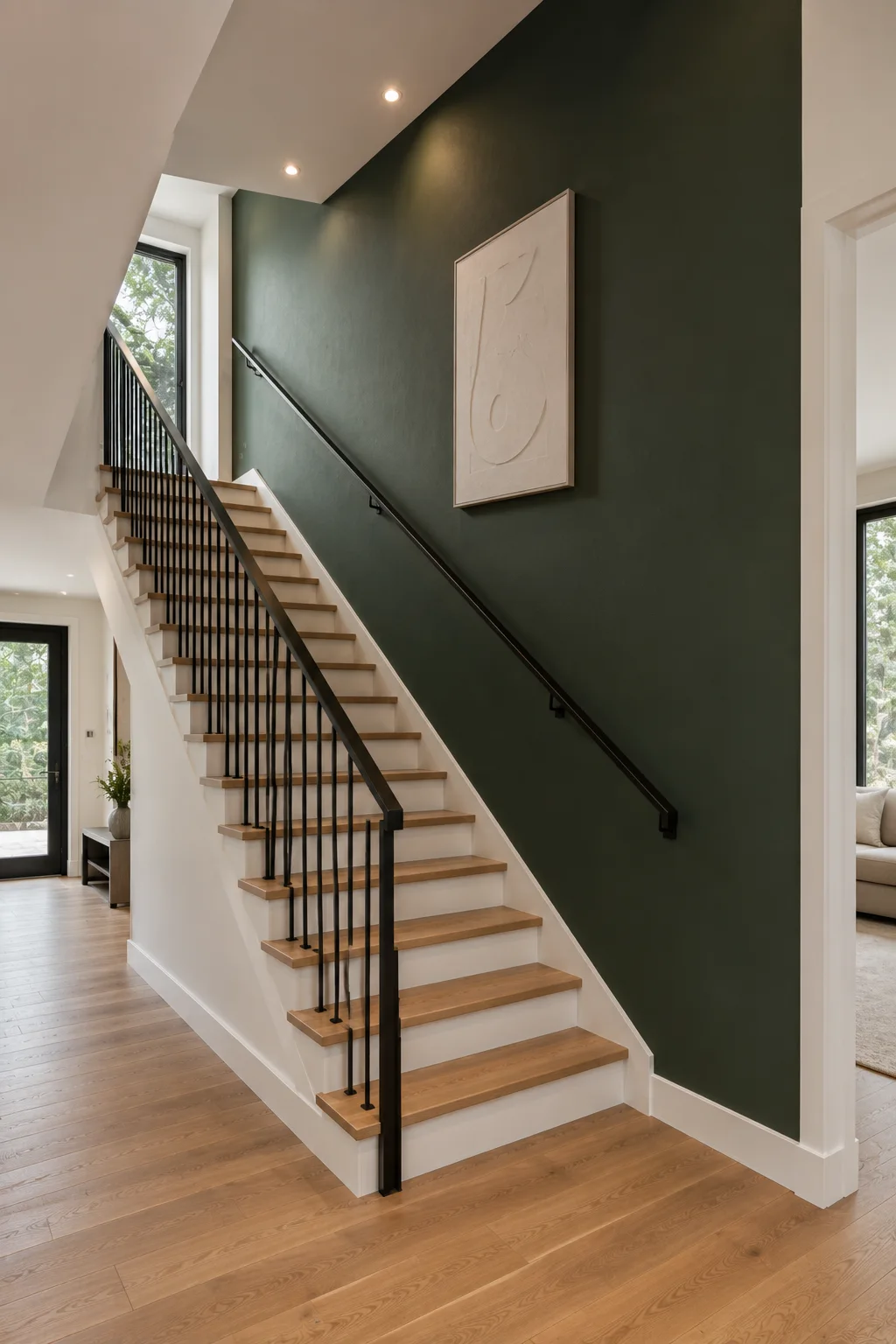 Modern staircase with a deep forest green accent wall extending alongside the entire stairway, creating a dramatic contemporary focal point. The rich green wall is paired with warm natural oak stair treads, a sleek black railing, neutral surrounding walls, soft recessed lighting, and a minimalist oversized cream artwork for an elegant high-end interior.