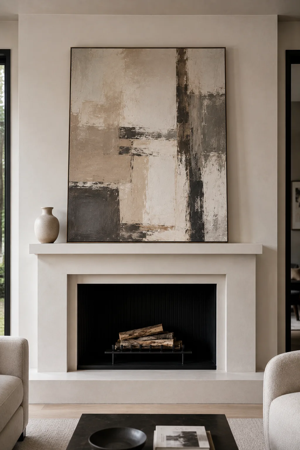 Modern white fireplace mantel featuring a large vertical abstract artwork with layered cream, beige, taupe, gray, and charcoal brushwork in a thin dark frame. A single off-white ceramic vase sits toward one side of the clean minimalist mantel, keeping the artwork as the main focal point. The fireplace has a deep black firebox with natural stacked logs, surrounded by a bright contemporary plaster surround, neutral upholstered seating, soft flooring, and refined modern living room details.
