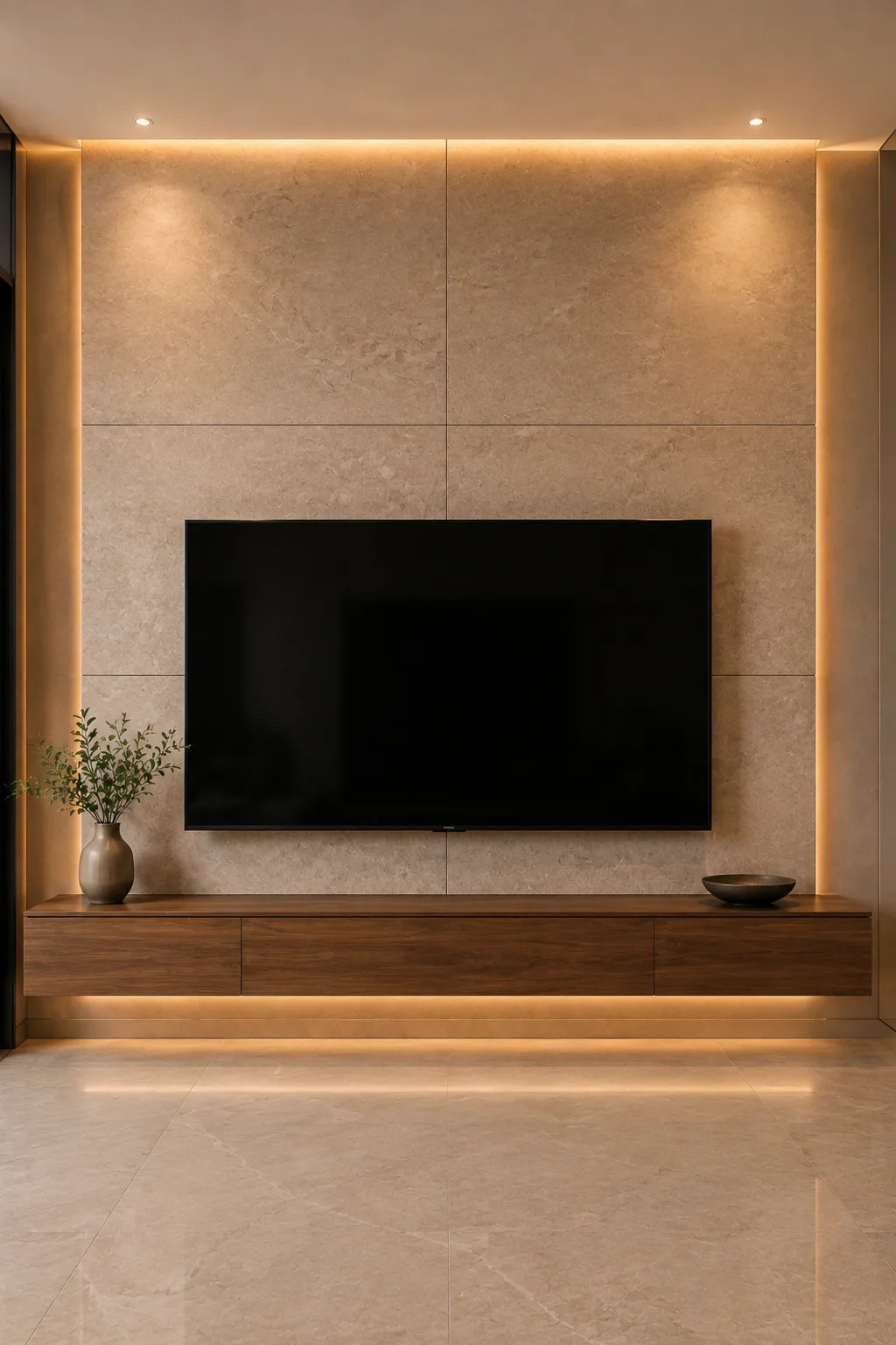 Luxury contemporary living room TV wall featuring large format warm beige stone look panels behind a black flat screen television, subtle natural surface texture and realistic panel joints, long rich walnut floating media console, warm architectural LED lighting around the feature wall, soft beige flooring, restrained ceramic décor, and sophisticated modern interior design.