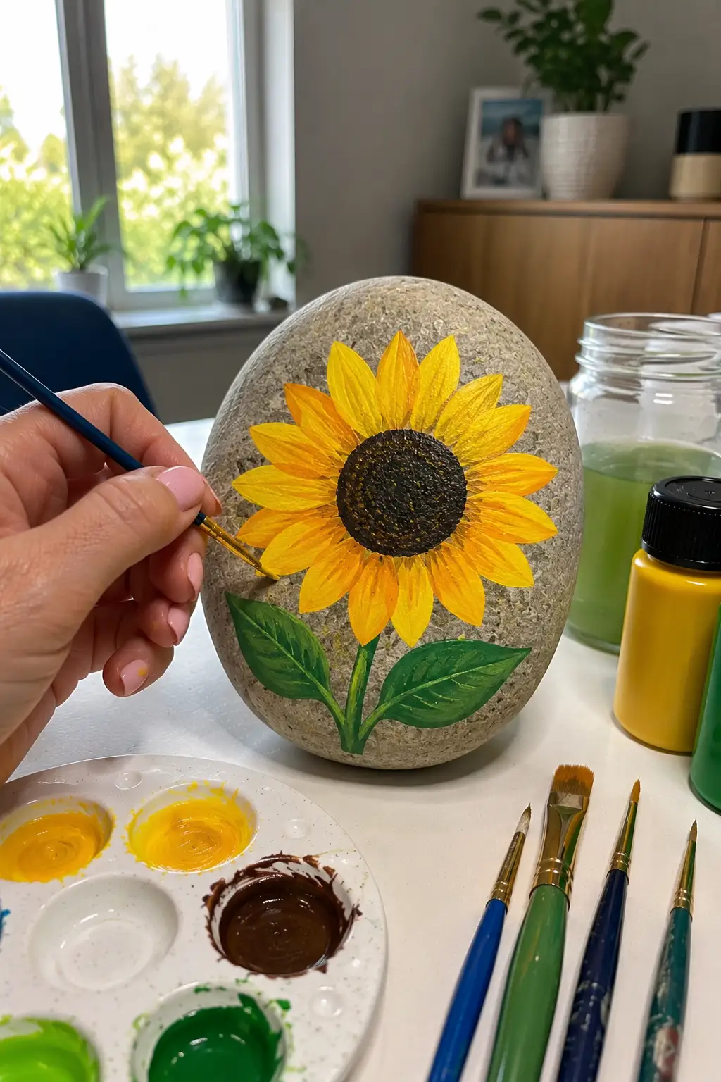 Cheerful sunflower rock painting featuring a large bright yellow and golden orange sunflower with detailed petals, a dark brown center, green stem, and layered leaves painted across a smooth natural stone, with a hand adding yellow details beside acrylic paints and brushes on a sunny home craft table.