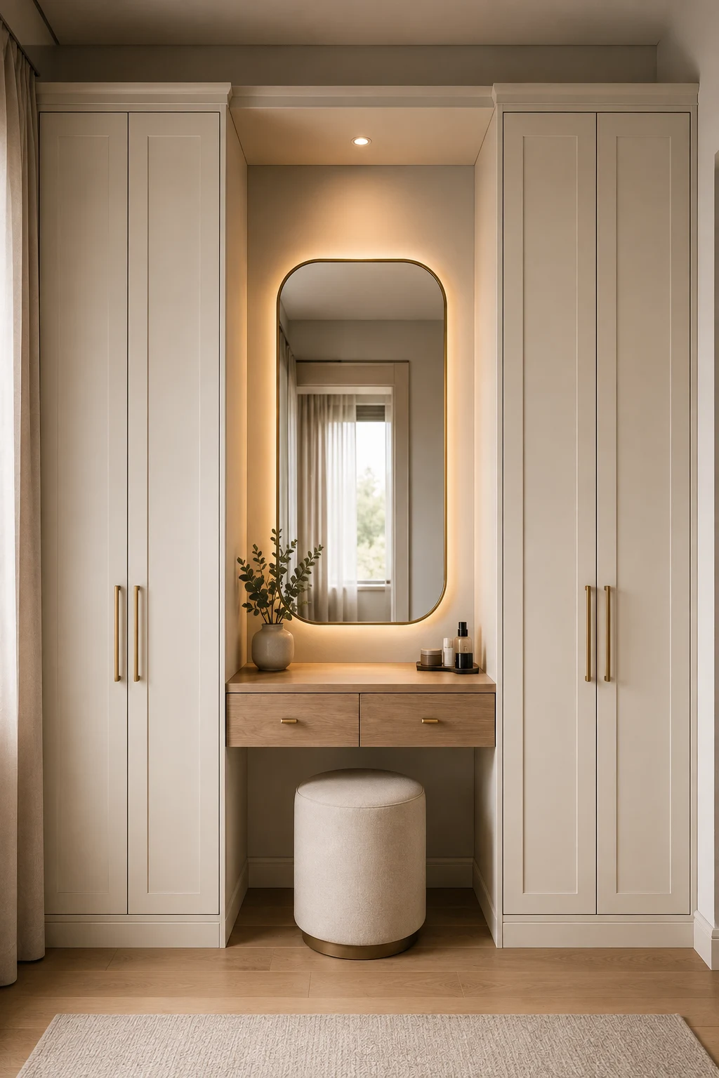 Elegant bedroom wardrobe featuring two tall cream IKEA-style closets framing a recessed built-in vanity, warm wood vanity drawers, a natural wood countertop, large rounded mirror with soft backlighting, brass hardware, upholstered round stool, decorative plant, beauty accessories, warm neutral walls, and natural wood flooring for a sophisticated dressing area.