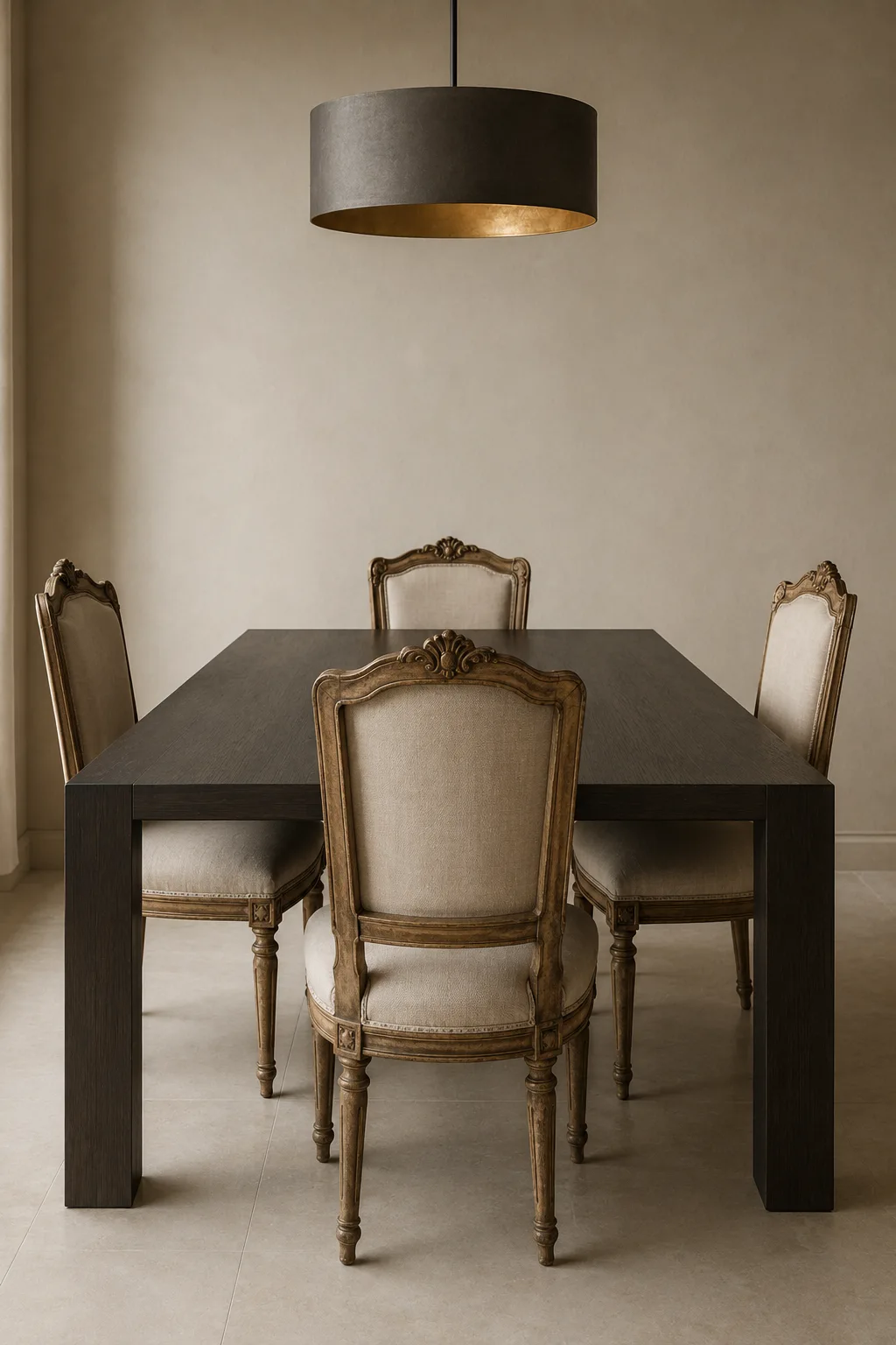Elegant antique dining chairs with carved wood frames and neutral upholstered backs arranged around a sleek dark walnut contemporary dining table, creating a refined contrast between traditional craftsmanship and modern dining room design.
