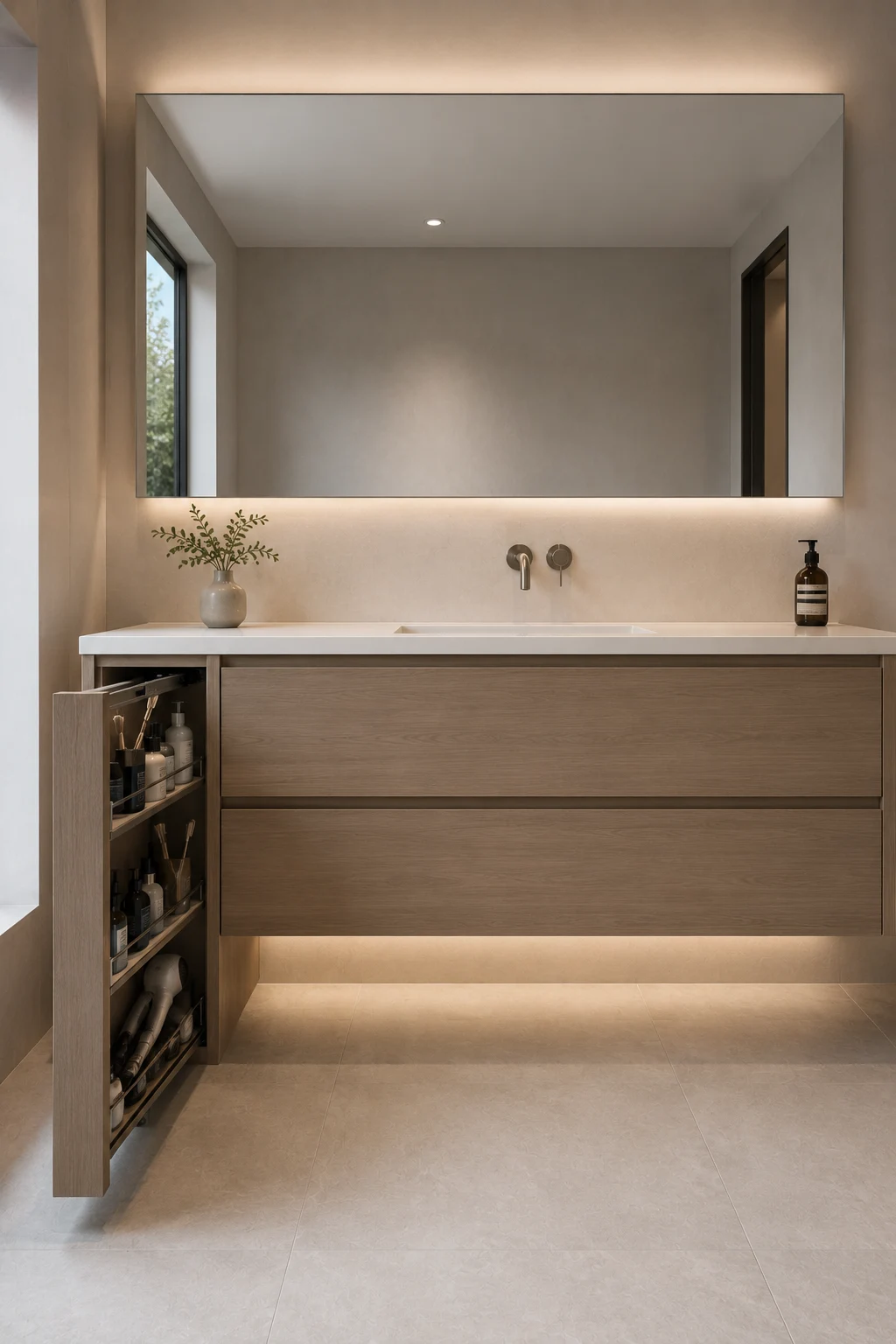 Modern bathroom vanity storage featuring a narrow vertical pullout cabinet built into the side of a floating wood vanity, with organized shelves holding skincare bottles, brushes, grooming products, toiletries, and hair styling tools.