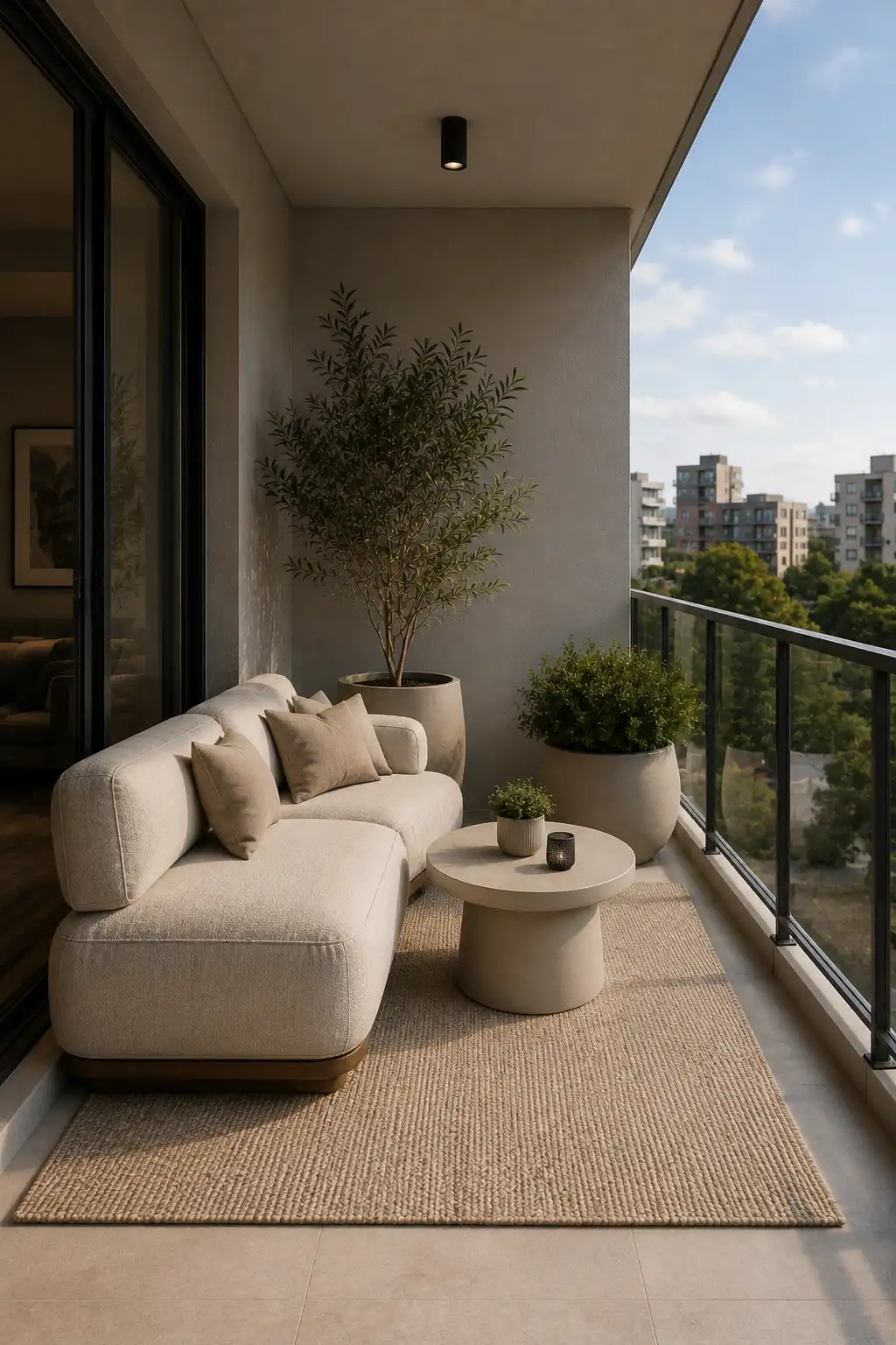 Elegant small apartment balcony featuring a curved cream outdoor sofa with soft neutral cushions, a low round beige coffee table, large architectural planters, and a textured neutral outdoor rug. The contemporary seating arrangement maximizes a narrow balcony while maintaining an open city view, creating a comfortable and stylish outdoor living space.