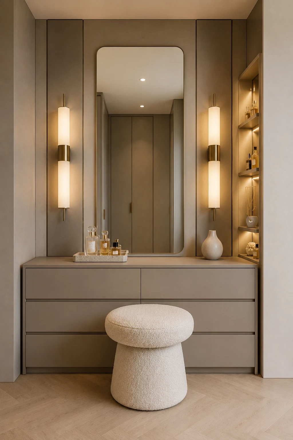 Luxury built in vanity featuring seamless warm taupe cabinetry extending across the wall, a tall rounded rectangular mirror with a slim champagne gold frame, elegant vertical wall panels surrounding the mirror, two elongated warm white and champagne gold wall sconces providing balanced lighting, integrated open shelving with carefully arranged perfume bottles, jewelry, and decorative objects, a streamlined vanity countertop with hidden storage, a soft cream sculptural pedestal stool, warm beige flooring, and a sophisticated contemporary design that feels organized, spacious, and refined.