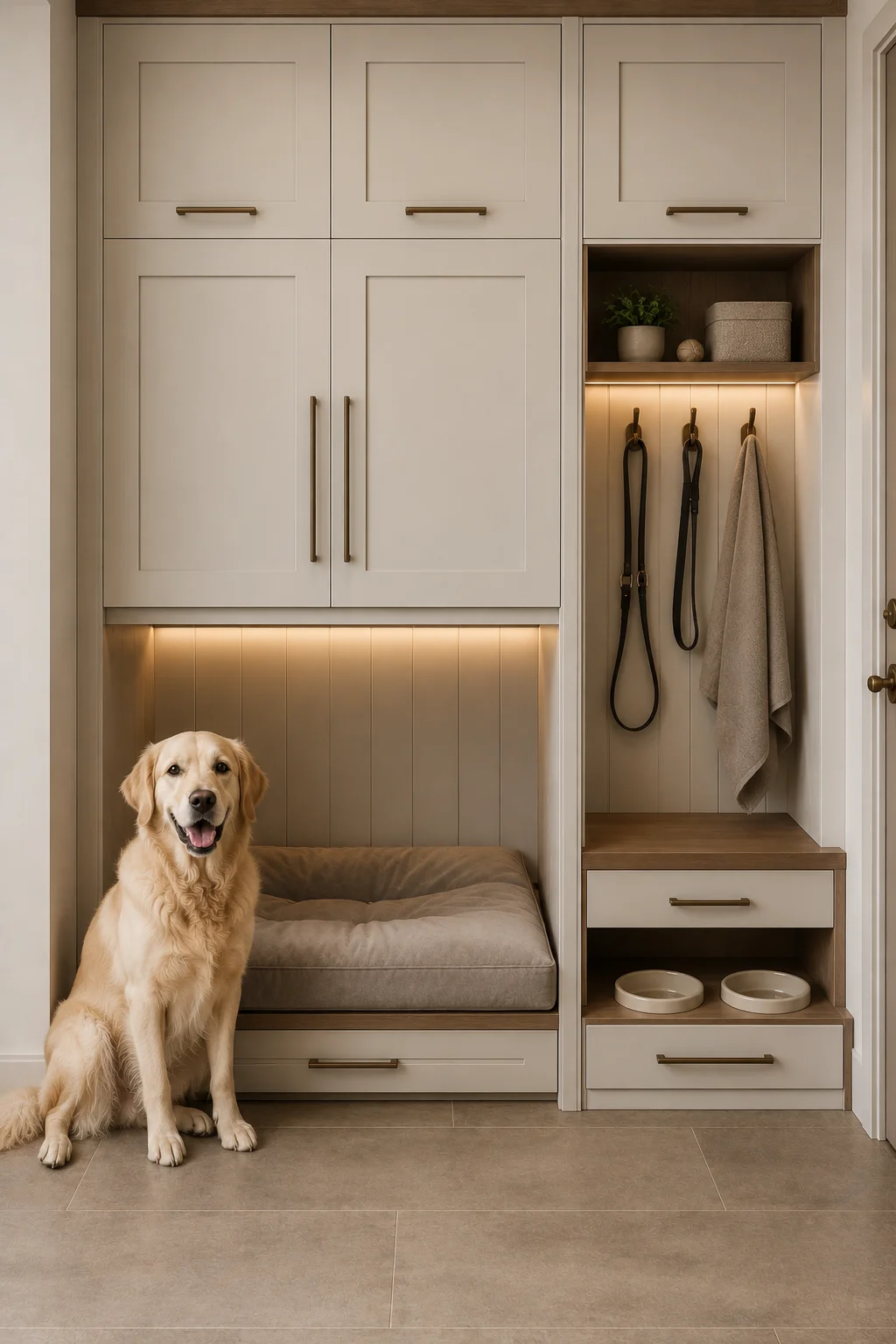 Modern mudroom dog station built into a tall cream cabinetry wall, featuring a recessed dog bed with a thick neutral cushion, warm vertical wood paneling, integrated storage cabinets, open shelving, hanging dog leashes, collars, towels, pet supplies, and a golden retriever sitting beside the dedicated pet nook in a clean contemporary entryway.
