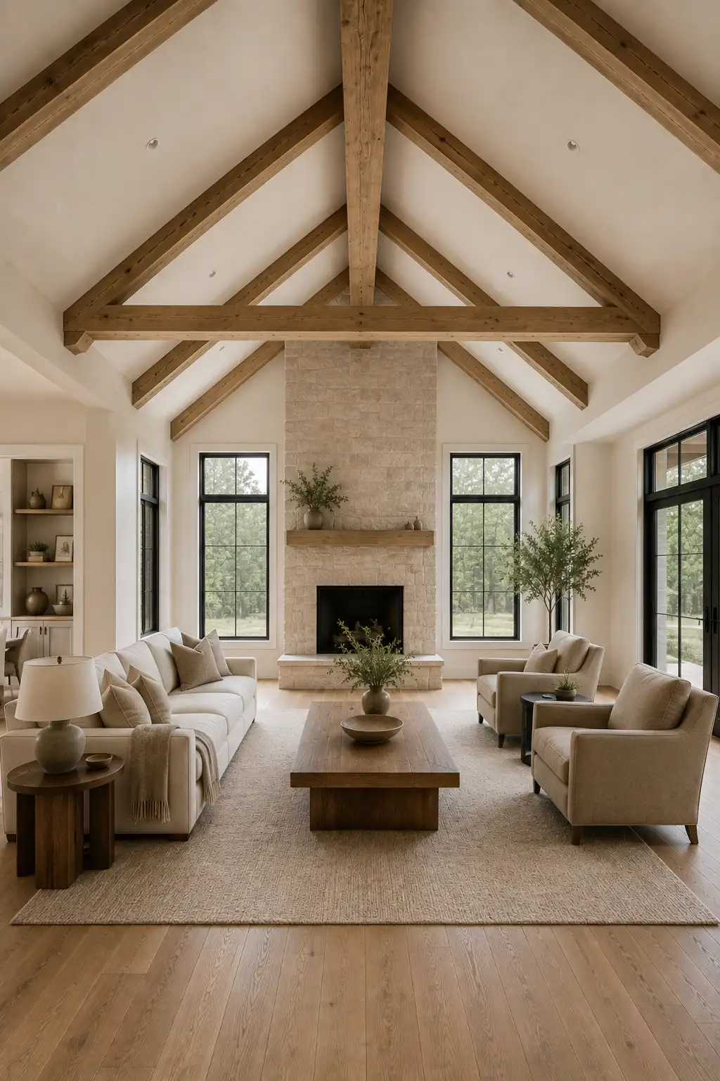 Modern rustic vaulted living room featuring exposed natural timber trusses, angled wood rafters, a substantial horizontal cross beam, tall light stone fireplace, black framed windows, cream seating, neutral decor, and warm natural oak flooring.