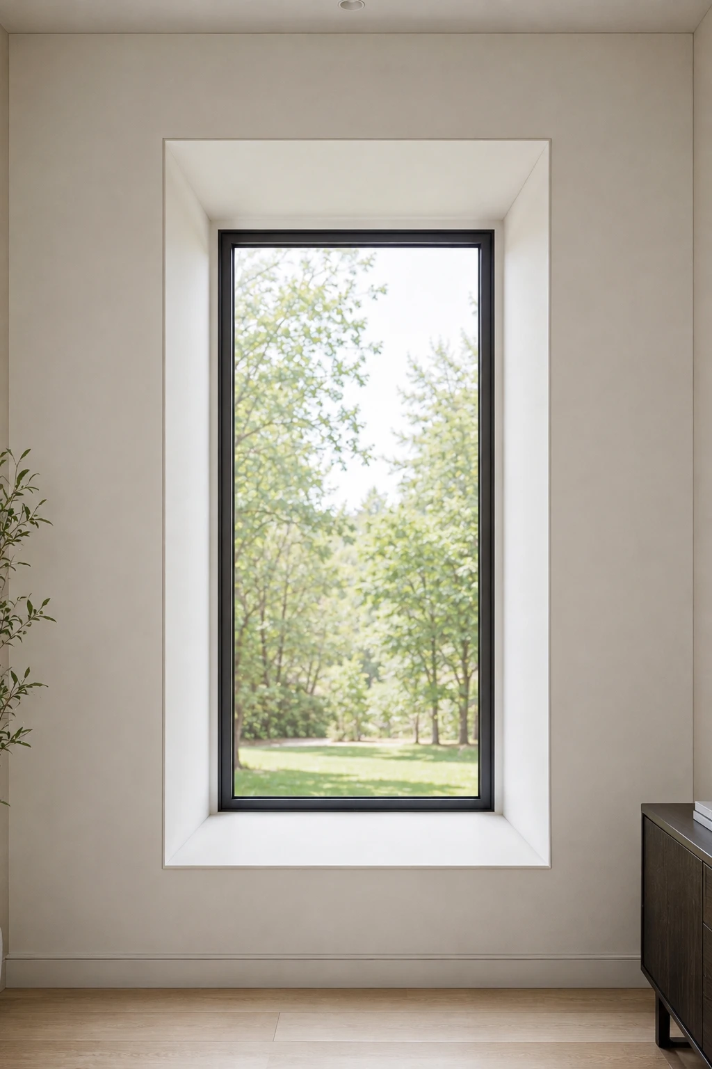 Deep window reveal featuring a tall recessed window with a slim black inner frame surrounded by broad warm white surfaces. The recessed opening creates natural depth and soft architectural shadows, giving this modern window trim treatment a clean, sophisticated, and custom built appearance.