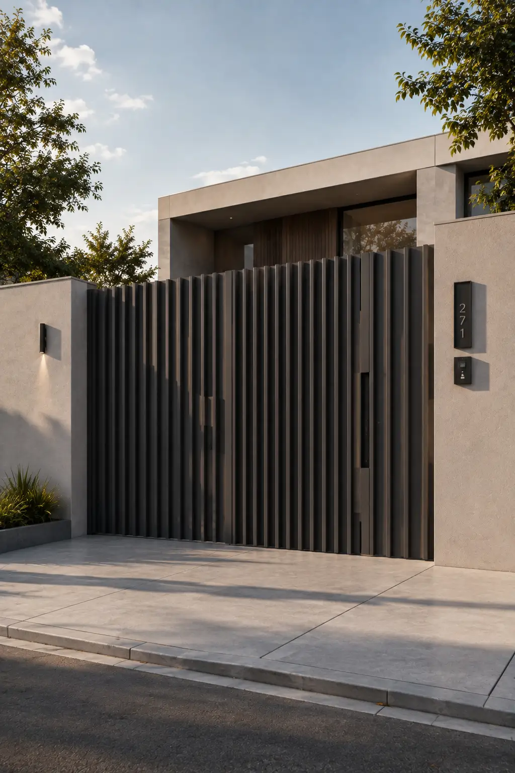 Modern entrance gate featuring deep vertical graphite metal fins that create dramatic depth and shadow, tall privacy panels, warm neutral rendered boundary walls, minimalist exterior lighting, vertical house numbers, integrated access controls, and clean concrete paving for a bold architectural home entrance.