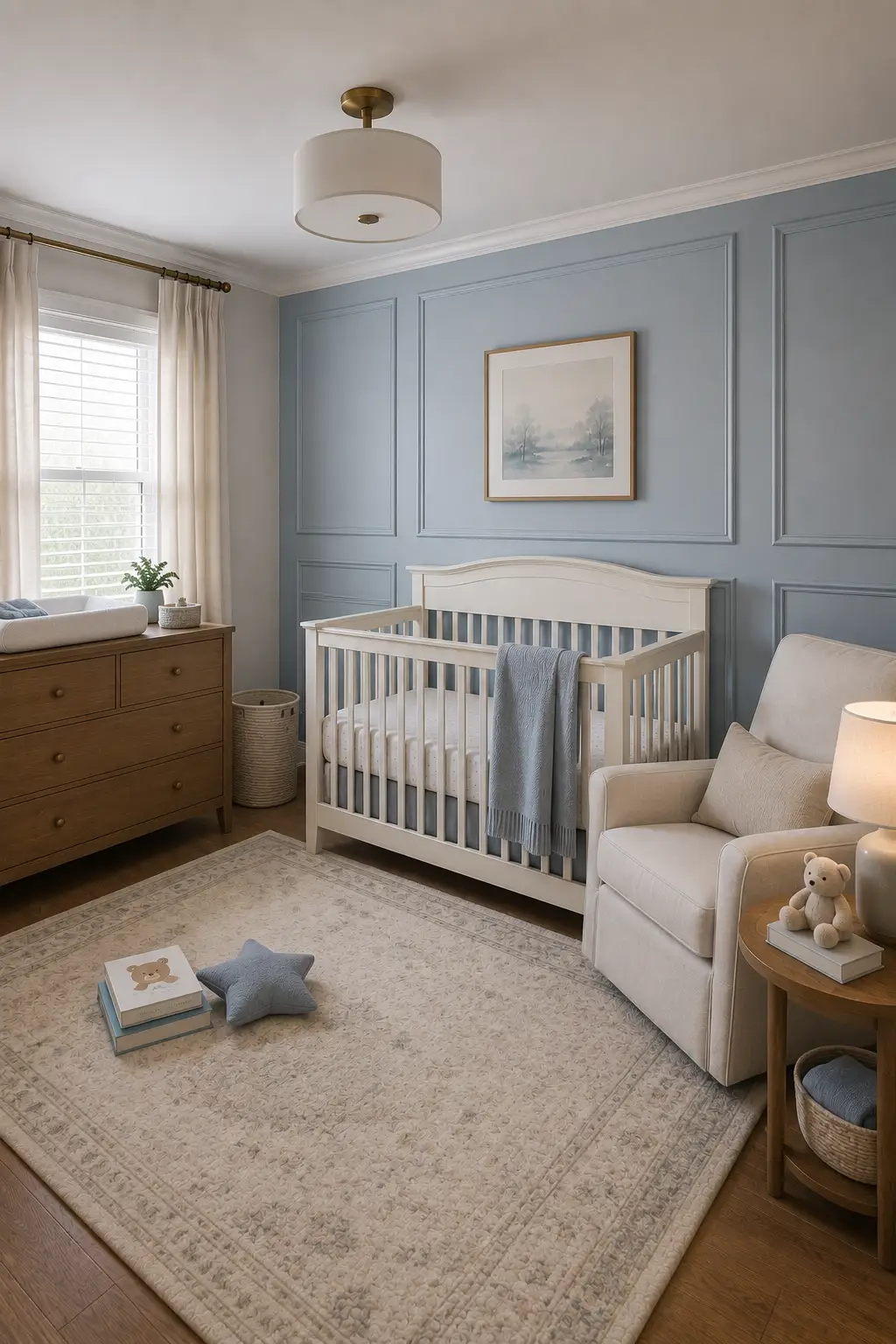 Elegant baby boy nursery with pale blue picture frame wall molding, warm white crib, natural wood changing dresser, cream upholstered nursing chair, soft landscape artwork, ivory floor length curtains, patterned neutral area rug, warm wood flooring, blue nursery blanket, and understated decor creating a refined modern nursery.