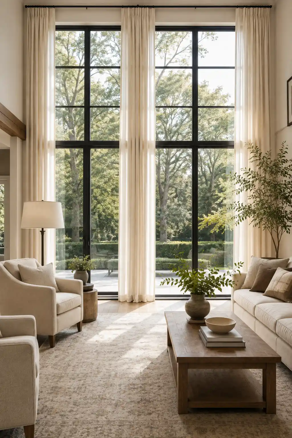 Bright farmhouse living room featuring dramatic floor to ceiling black framed windows, flowing cream curtains, soft natural daylight, cream upholstered seating, warm wood coffee table, neutral patterned rug, leafy greenery, and elegant understated decor creating a light and refined farmhouse interior.