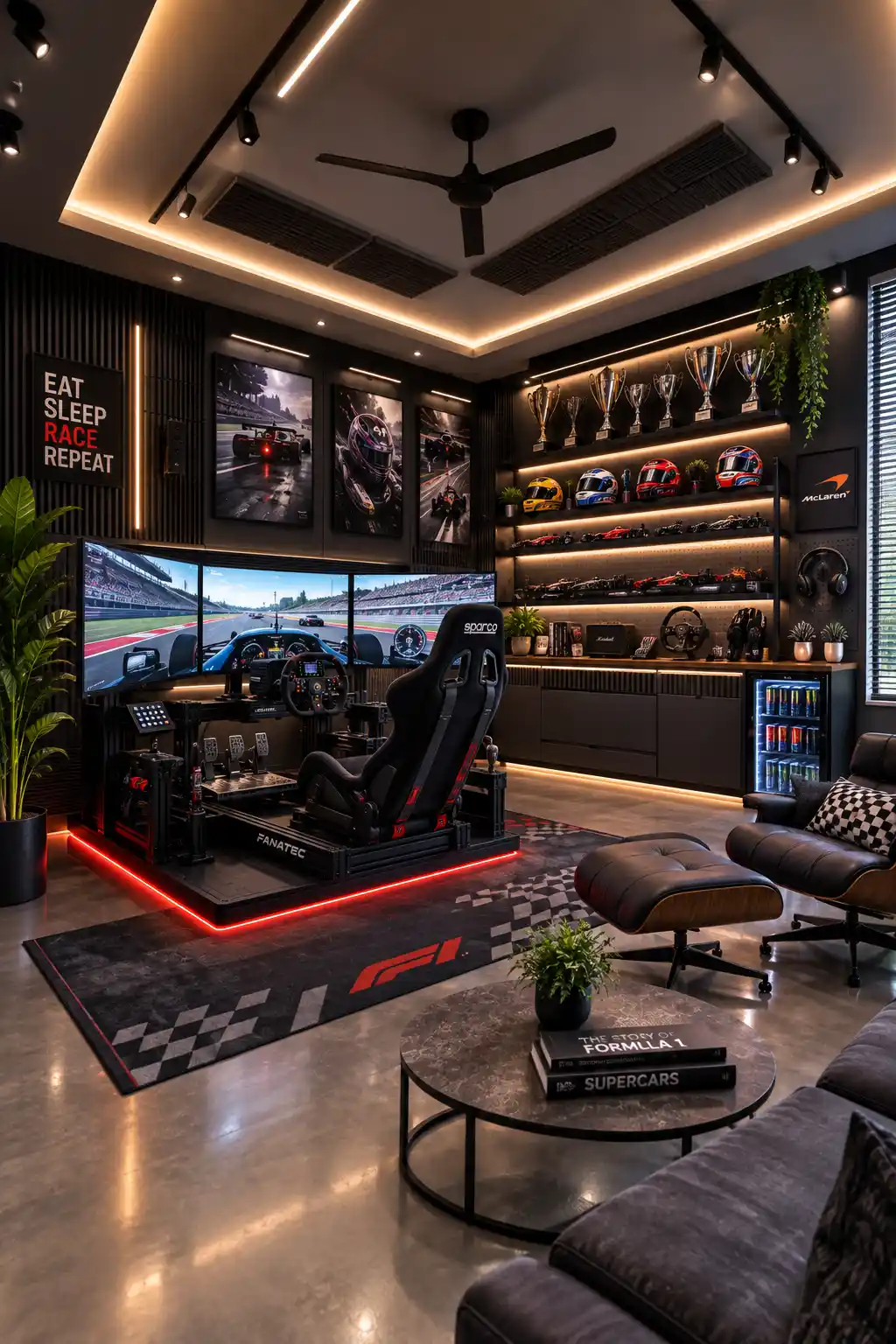 Luxury racing gaming lounge featuring a triple screen racing simulator, professional racing seat and wheel setup, illuminated trophy and helmet display wall, Formula racing decor, red accent lighting, modern lounge chair, sofa, coffee table, beverage fridge, and polished dark interior finishes.