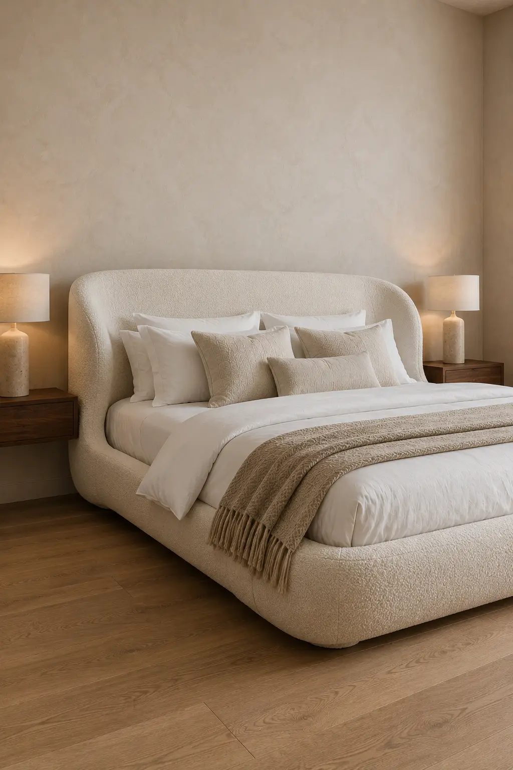 Curved bouclé bed featuring a sculptural wraparound headboard, creamy ivory textured upholstery, thick rounded platform frame, layered white and beige bedding, warm wood nightstands, ceramic table lamps, and natural wood flooring in a soft contemporary bedroom.