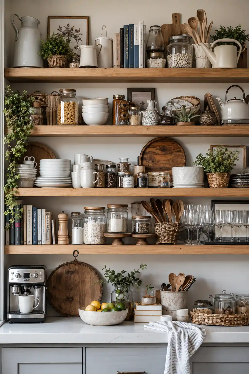 Overcrowded kitchen open shelves packed with stacked dishes, coffee mugs, glass storage jars, cookbooks, cutting boards, wooden utensils, baskets, plants, glasses, and decorative accessories, showing how excessive open shelving decor can create visual clutter in a kitchen.