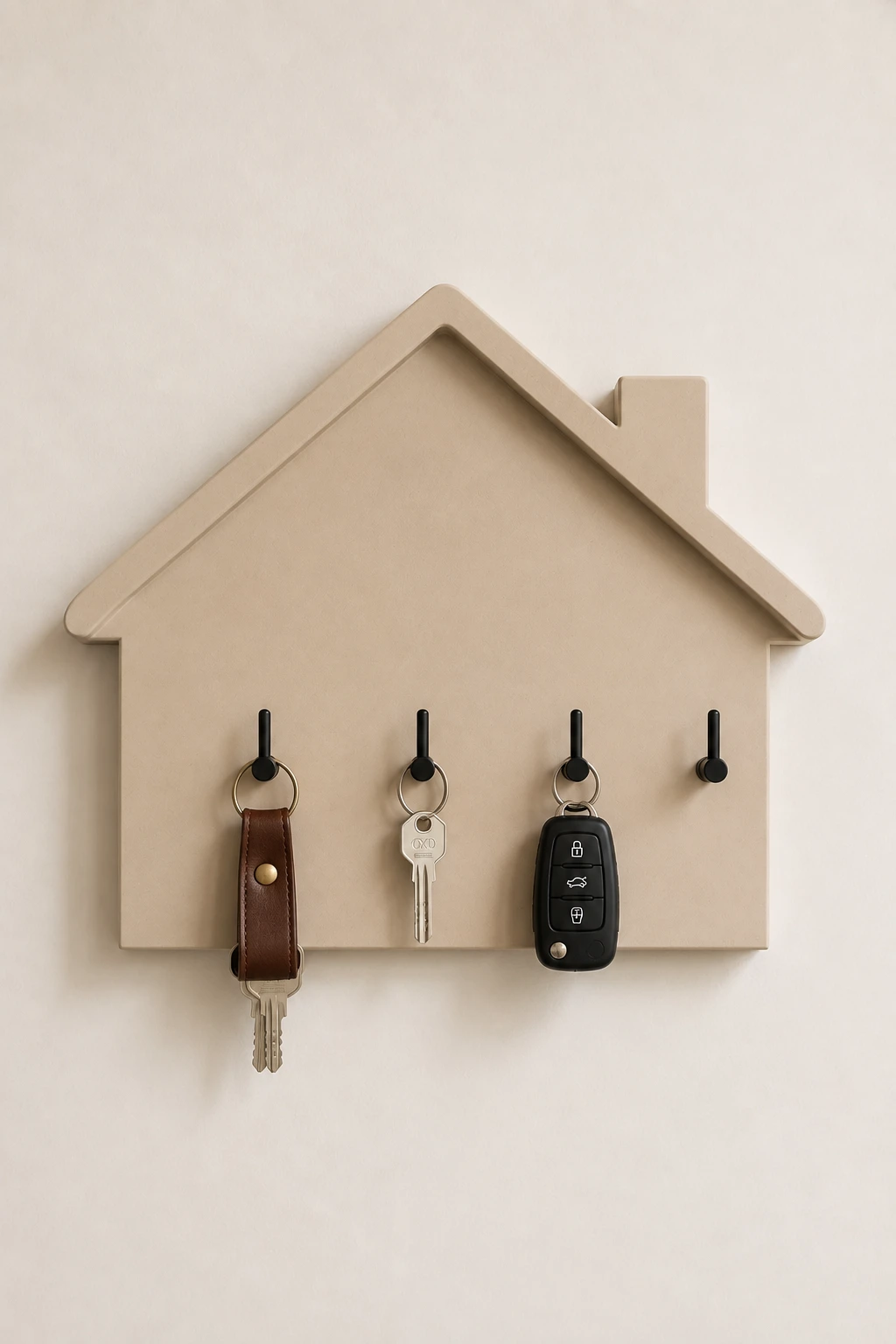 House shaped DIY key holder in a warm neutral finish with a raised roofline, small chimney detail, matte black hooks, leather key loop, silver house keys, and black car keys for practical modern entryway wall storage.