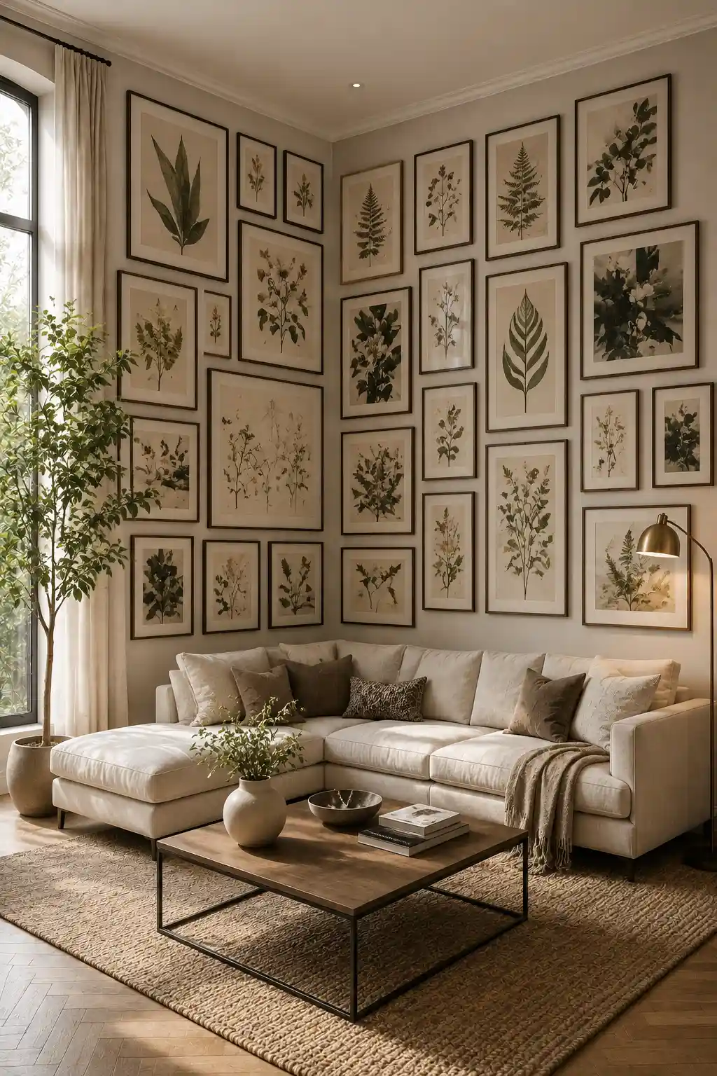 Modern living room featuring a botanical corner gallery wall filled with framed leaf illustrations, botanical prints, floral studies, and nature artwork arranged across two walls beside a tall indoor plant and neutral sectional sofa.