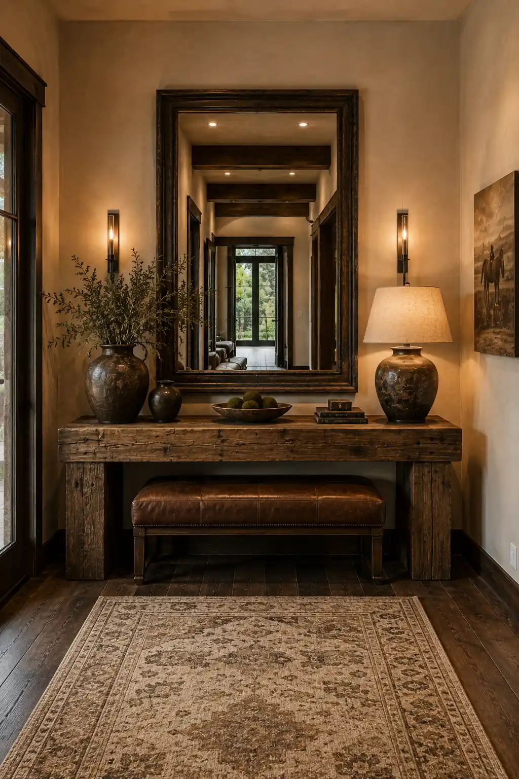 Sophisticated Western entryway featuring a substantial reclaimed wood console table, oversized dark wood framed mirror, cognac leather bench, warm ceramic lamps, rustic decorative vessels, natural branches, dark hardwood flooring, vintage-inspired neutral area rug, warm beige walls, and polished modern ranch-style interior decor.