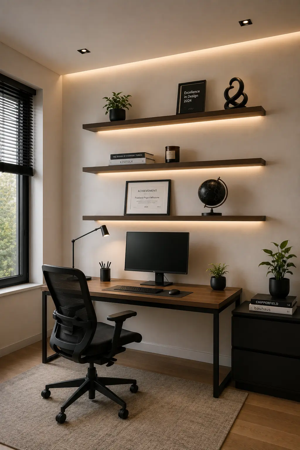 Modern small office featuring three long floating walnut shelves arranged above a contemporary workspace, displaying framed achievements, design books, a sculptural black object, small indoor plants, a decorative globe, and curated personal items, with warm LED lighting underneath each shelf, a minimalist walnut desk, ergonomic black chair, computer monitor, neutral rug, and sophisticated modern office decor.