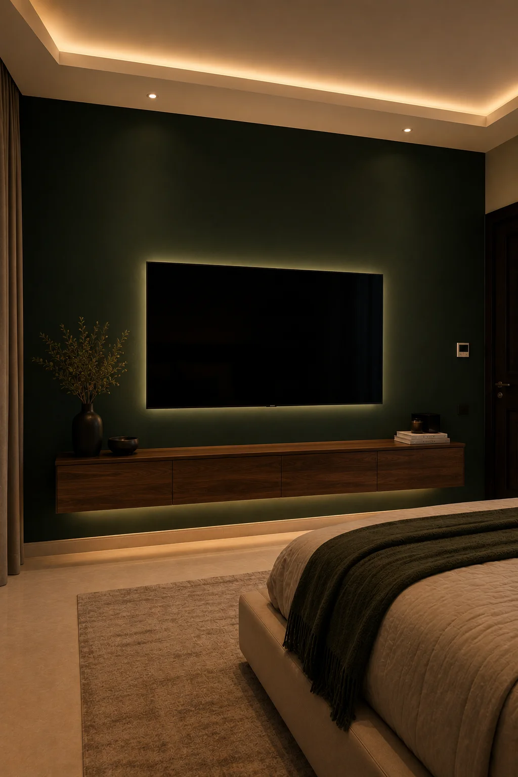 Sophisticated modern couples bedroom featuring a deep emerald green TV feature wall, large black flat screen television with subtle warm backlighting, long walnut floating console, minimalist black accessories, warm recessed ceiling lighting, cream bedding, beige flooring, textured neutral rug, and a rich contemporary luxury bedroom atmosphere.