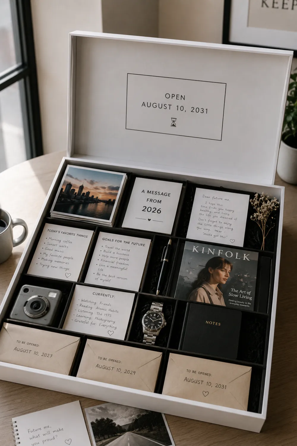 Modern future time capsule memory box opened to reveal current photographs, handwritten letters to a future self, personal goals, favorite things cards, a magazine, journal notes, everyday keepsakes, and sealed envelopes marked for future opening dates