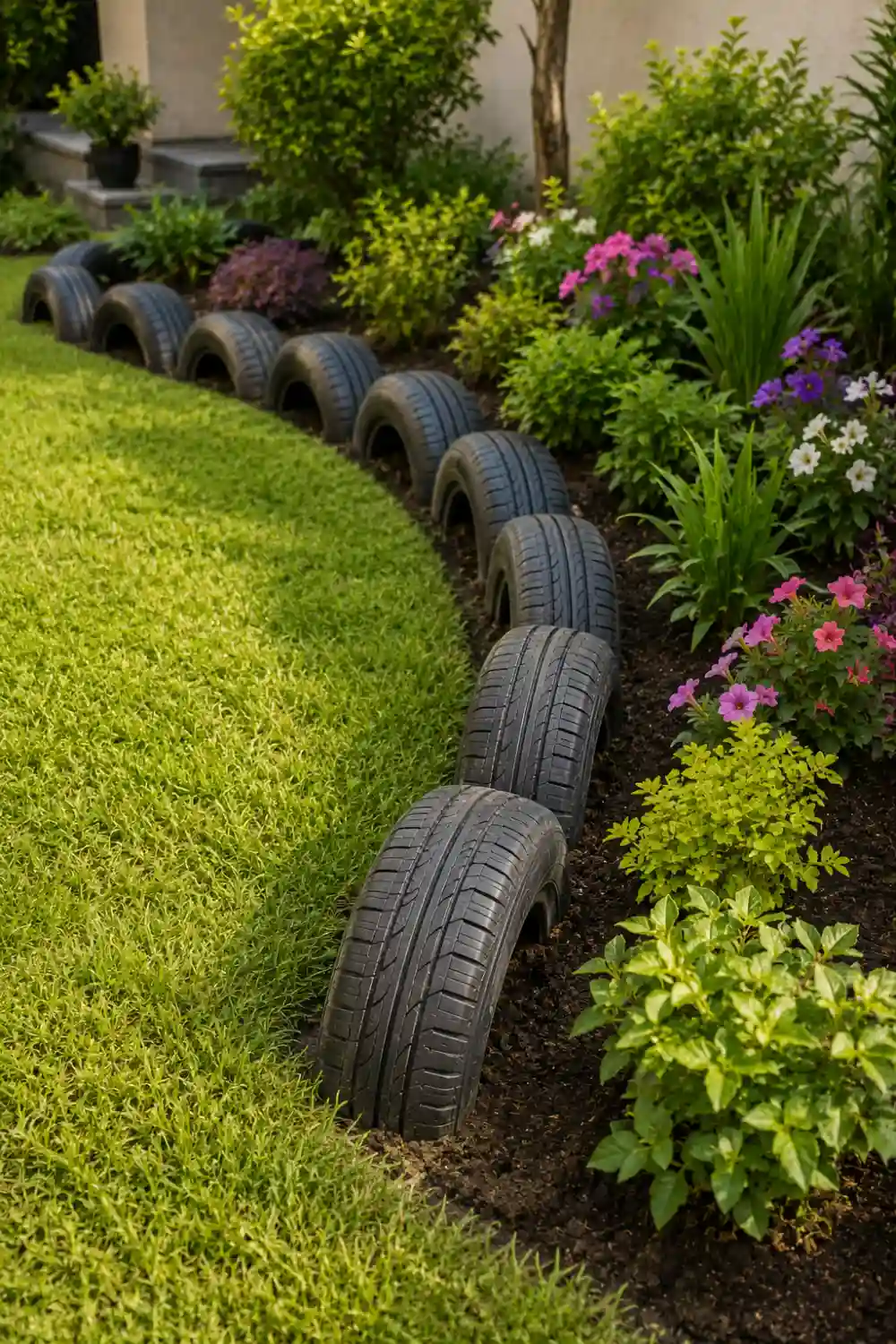 Recycled black old tires partially buried along a curved garden border, separating a neatly trimmed green lawn from a lush flower bed filled with colorful plants and dark garden mulch