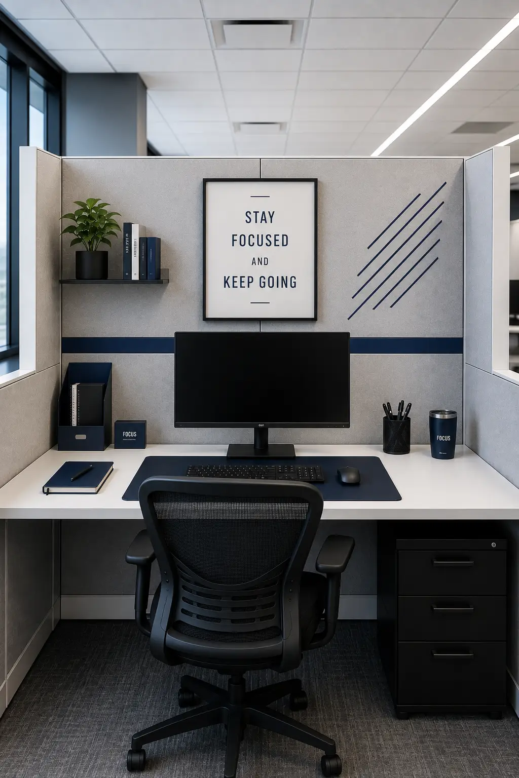 Modern professional cubicle featuring coordinated deep blue accents throughout the workspace, including a framed motivational print, horizontal wall accent, desk mat, notebook, storage accessories, and insulated office tumbler. The full cubicle includes a centered computer monitor, clean white desk, black ergonomic chair, small indoor plant, pen holder, and organized storage. The complete office setup is shown from a straight-on architectural perspective with gray walls and controlled navy blue details creating a stylish, energetic, focused, and productivity-friendly workspace.