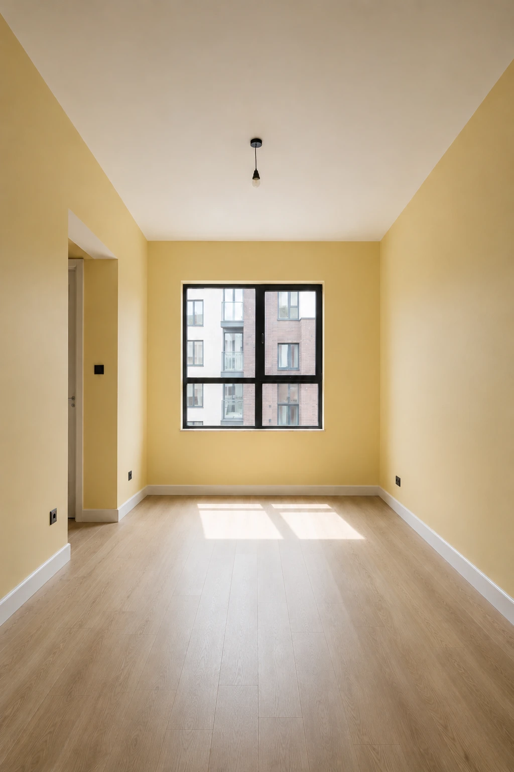 Empty modern bedroom with all four walls painted in a soft sophisticated butter yellow, featuring a clean warm white ceiling, light wood flooring, large central window, simple doorway, crisp white baseboards, realistic matte paint finish, bright natural daylight, and a warm cheerful contemporary atmosphere highlighting stylish butter yellow bedroom walls.